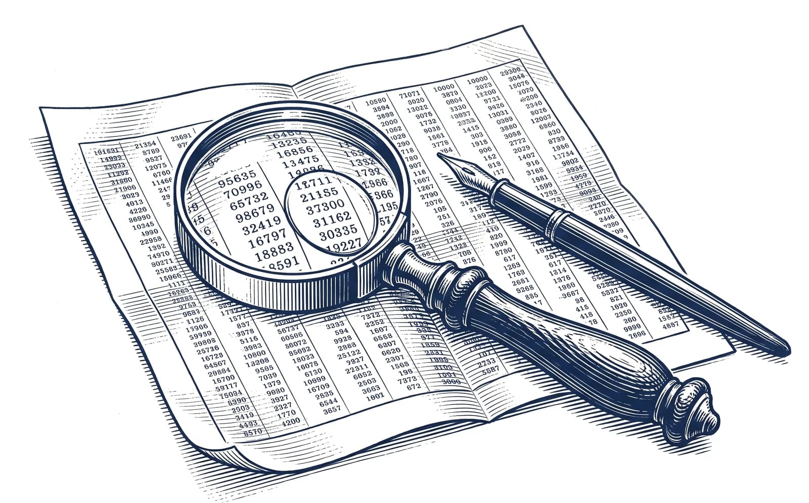 Engraving of a magnifying glass and fountain pen resting on a contract dense with columns of figures