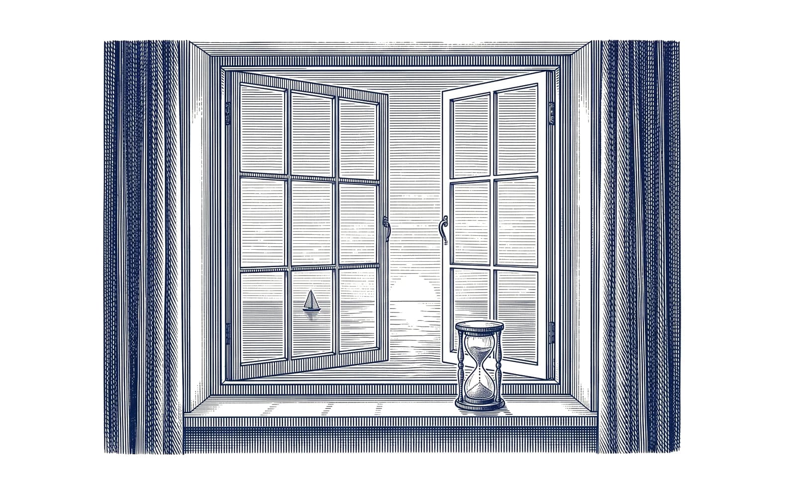 Engraving of a half-open window looking onto a calm sunrise over water, an hourglass on the sill
