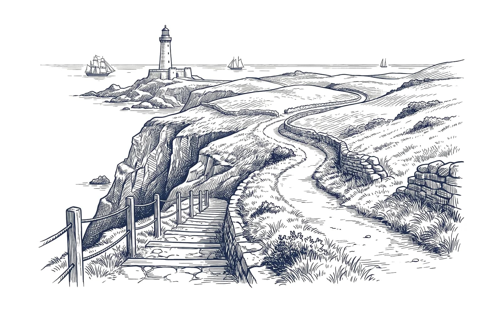 Engraving of a coastal footpath descending steeply along cliffs with a handrail, leveling toward a distant lighthouse